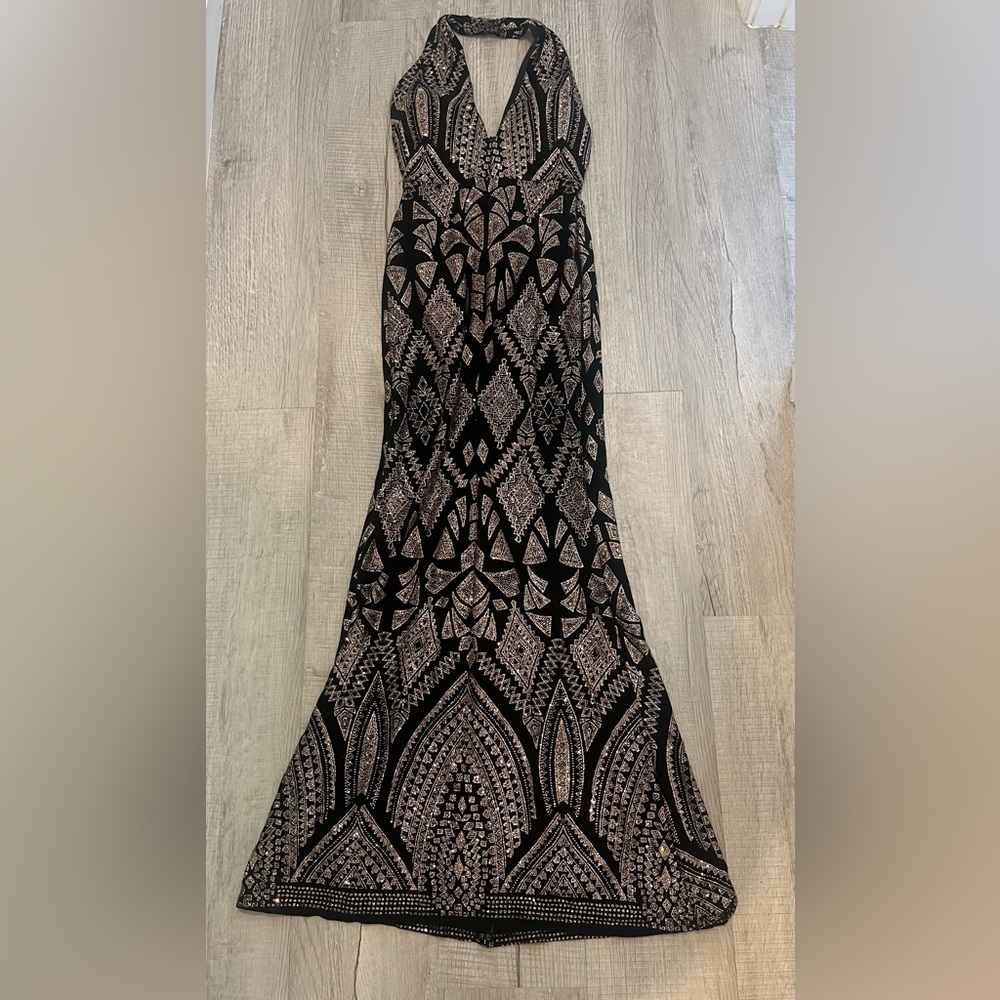 Elegant Black and Gold Patterned Deep V Halter Dress